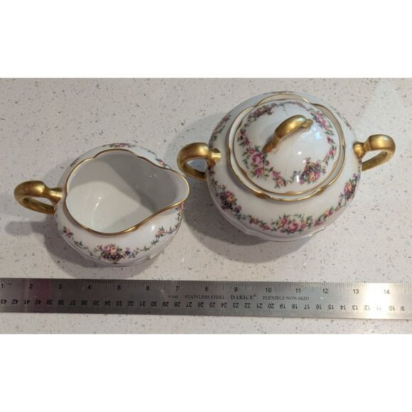 Haviland & Co Limoges Cream Sugar Bowl Gold Handles Bouquet Urn - Picture 8 of 16